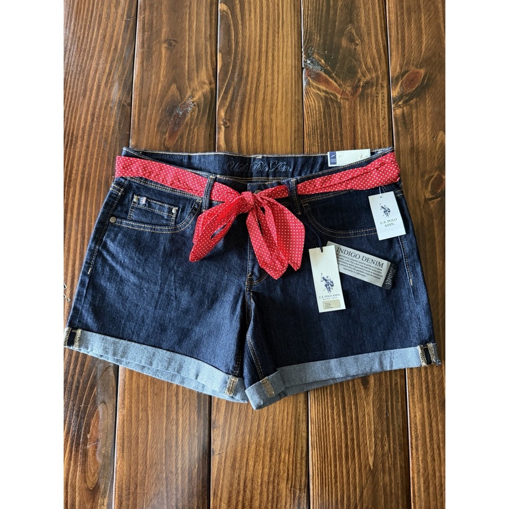 U.S. Polo Assn. Indigo Denim Shorts W/ Red Polka Dot Tie Belt Preppy Size 11-12